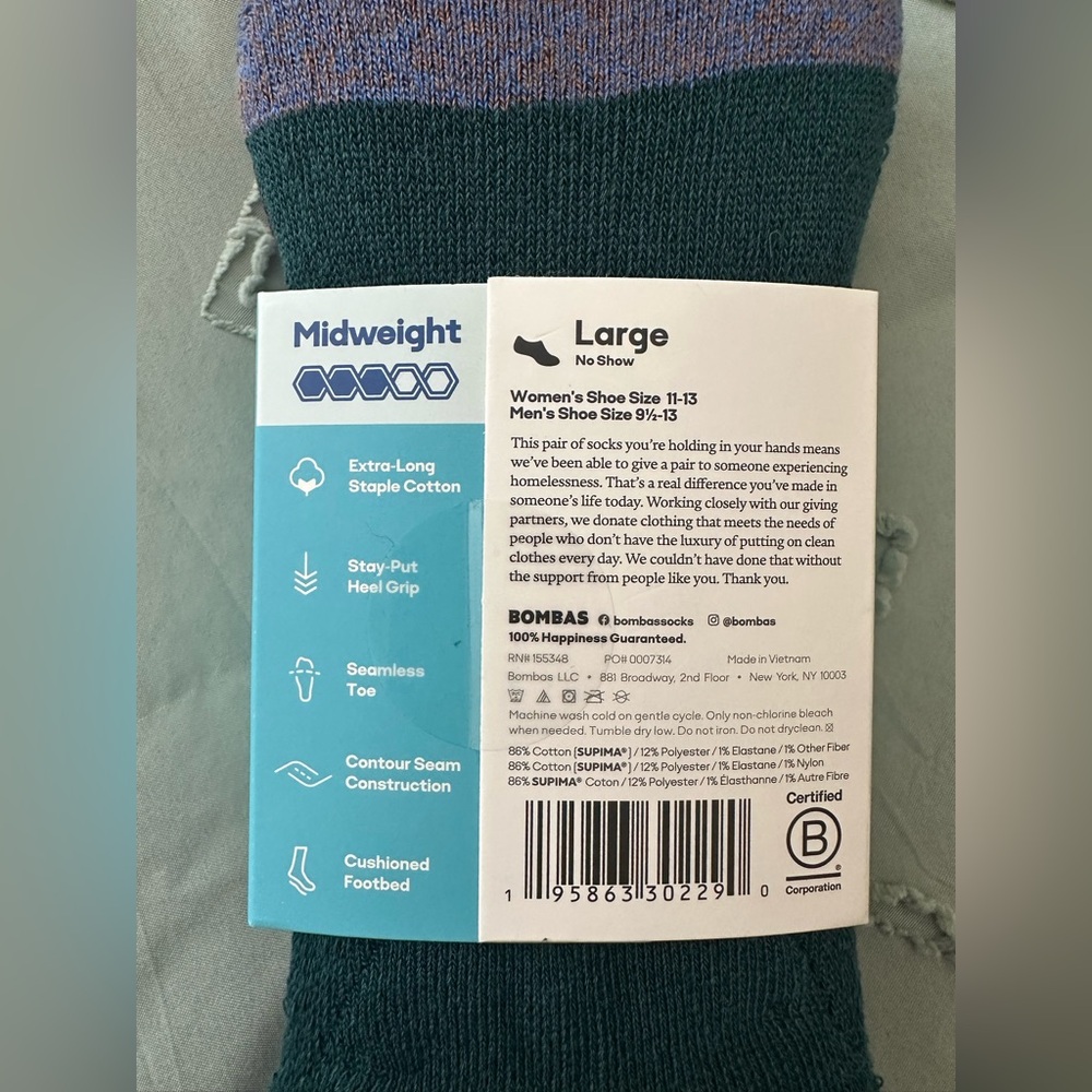 Bombas Cushioned No Show Socks Large NWT Midweight Supima Cotton - Picture 3 of 4